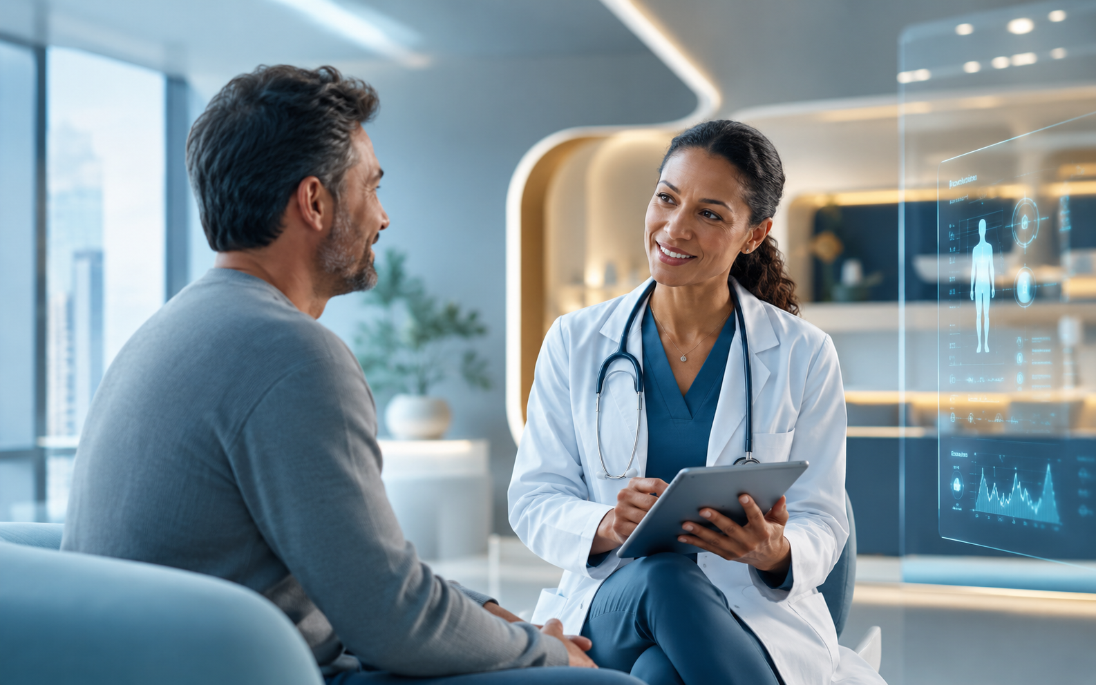 Doctor consulting with patient in a modern futuristic clinic